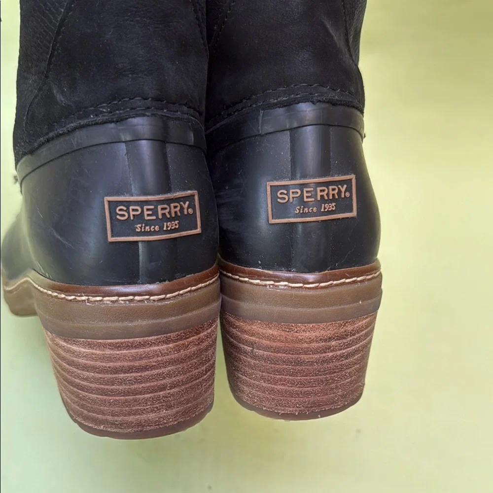 Sperry Black and Brown Winter Rain Boots with Chunky Heels